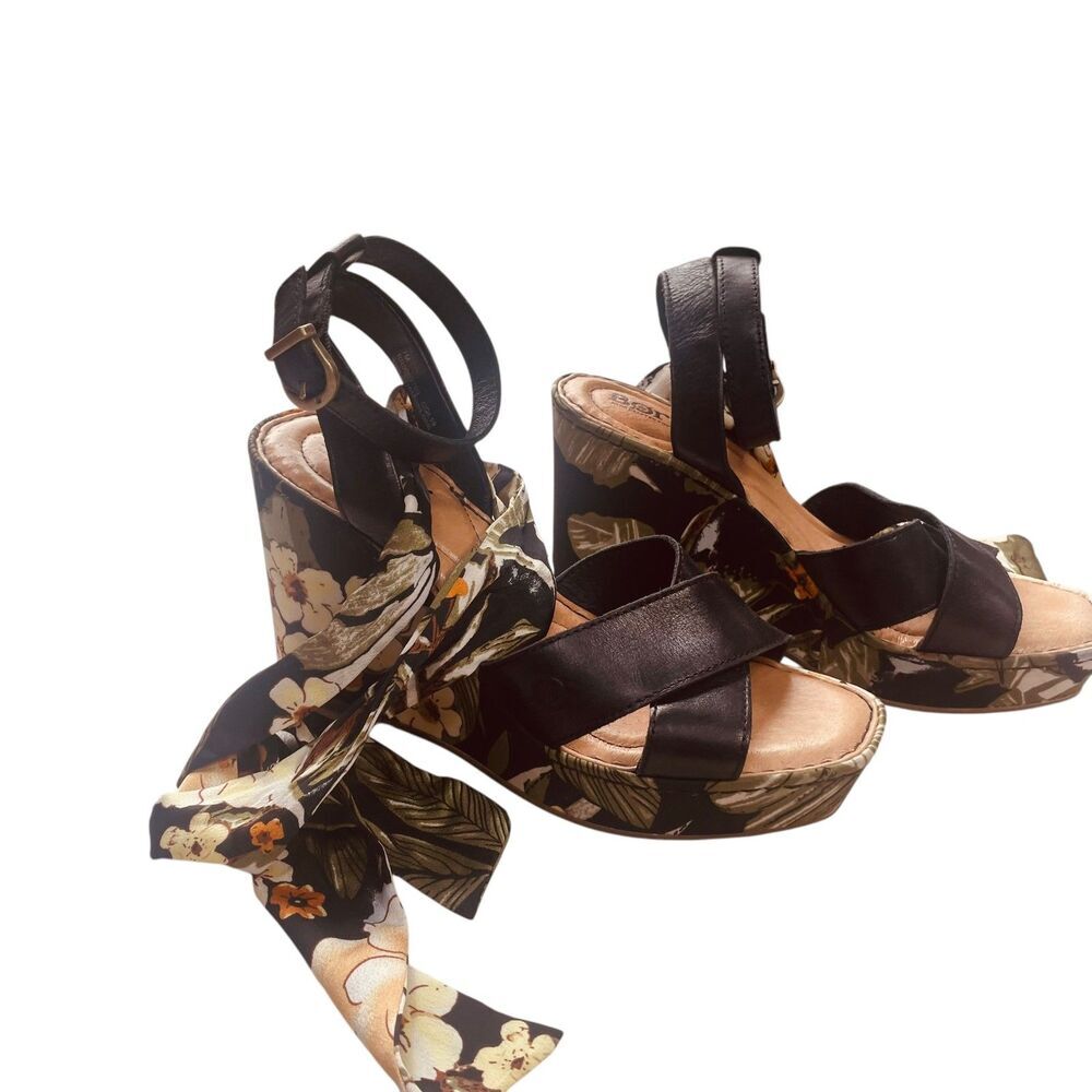 BORN Salton Wedge Sandal Black Leather Fabric Covered Heel - Picture 7 of 13